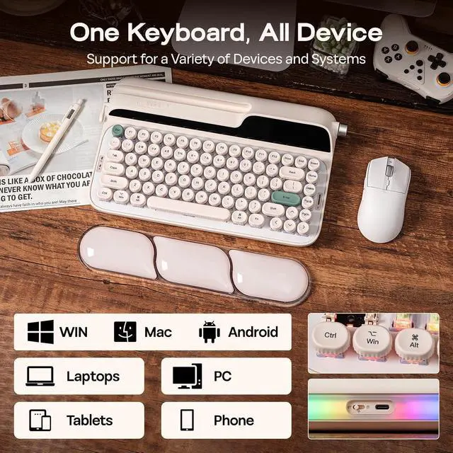 Alt view image 6 of 7 - Glyph Wireless Typewriter Retro Mechanical Keyboard, Screen & Knob & Lever, Wrist Rest, Round PBT Keycap, Hot Swap, RGB, Custom Software, Top-Mount, 75% Creamy Keyboard for PC/MAC