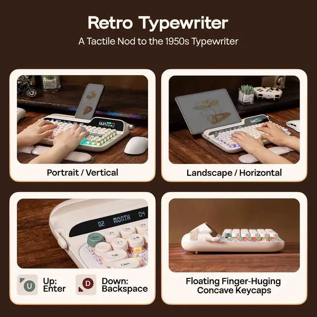 Alt view image 3 of 7 - Glyph Wireless Typewriter Retro Mechanical Keyboard, Screen & Knob & Lever, Wrist Rest, Round PBT Keycap, Hot Swap, RGB, Custom Software, Top-Mount, 75% Creamy Keyboard for PC/MAC