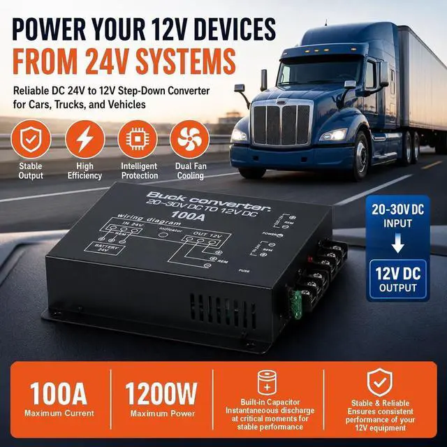 Alt view image 4 of 6 - DC 24V to 12V Step Down Voltage Converter, 100A 1200W DC Buck Converter Voltage Regulator for Car, Truck and Vehicle
