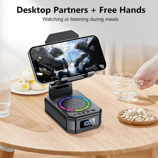 Alt view image 6 of 6 - Gifts for Men Women, Cell Phone Stand with Wireless Bluetooth Speaker and Colorful LED Lights, 4-in-1 Multifunctional Phone Holder Support Fast Charging, Adjustable Desktop Stand, Best Gifts
