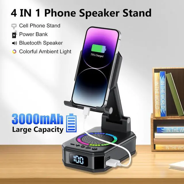 Alt view image 5 of 6 - Gifts for Men Women, Cell Phone Stand with Wireless Bluetooth Speaker and Colorful LED Lights, 4-in-1 Multifunctional Phone Holder Support Fast Charging, Adjustable Desktop Stand, Best Gifts