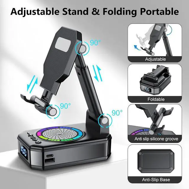 Alt view image 4 of 6 - Gifts for Men Women, Cell Phone Stand with Wireless Bluetooth Speaker and Colorful LED Lights, 4-in-1 Multifunctional Phone Holder Support Fast Charging, Adjustable Desktop Stand, Best Gifts