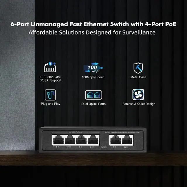 Alt view image 7 of 7 - 6 Port Mini PoE Switch with 4 PoE+, 2 Uplink, 10/100Mbps Ethernet, 65W 802.3af/at PoE, Fanless Metal Plug & Play PoE+ YuLinca Network Switch