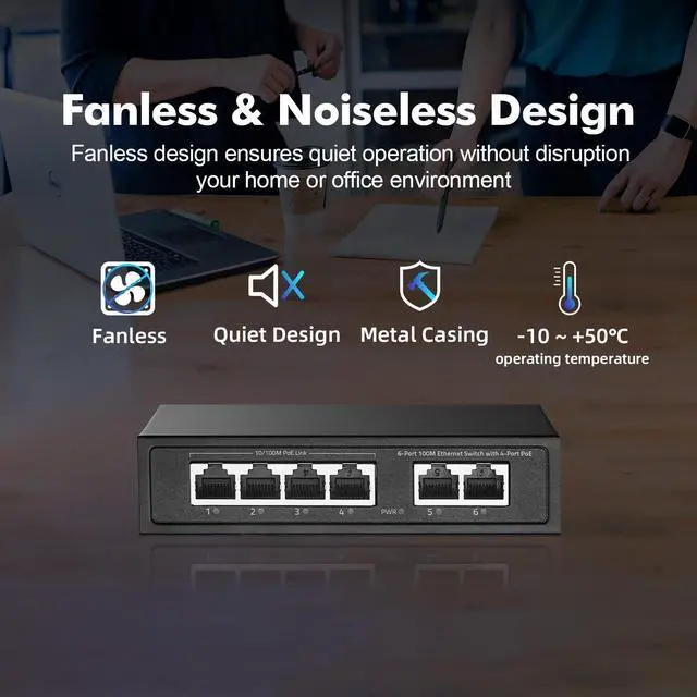 Alt view image 5 of 7 - 6 Port Mini PoE Switch with 4 PoE+, 2 Uplink, 10/100Mbps Ethernet, 65W 802.3af/at PoE, Fanless Metal Plug & Play PoE+ YuLinca Network Switch