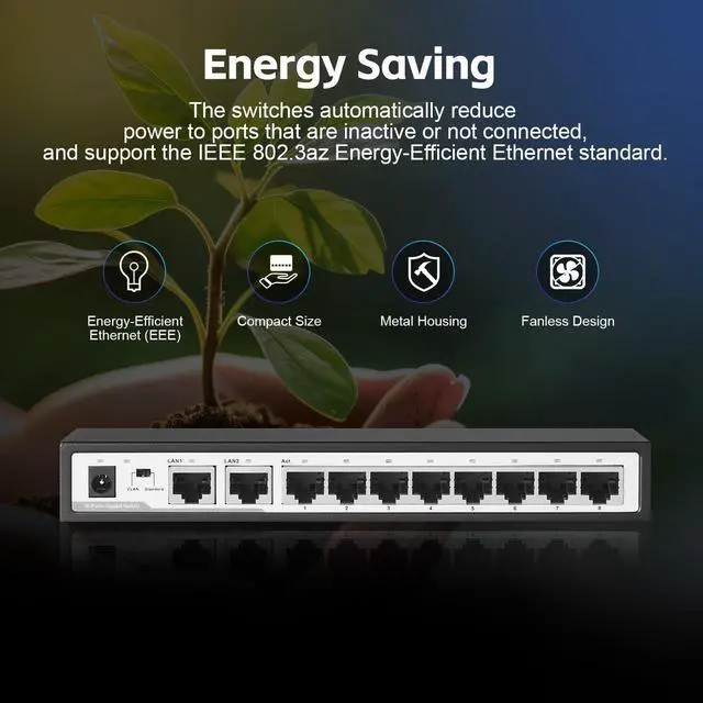 Alt view image 4 of 6 - 10 Port Gigabit Switch, 8 x 100/1000Mbps Ports, 2 Gigabit Uplink, Support Vlan, Metal Fanless Unmanaged Plug and Play YuLinca Ethernet Switch