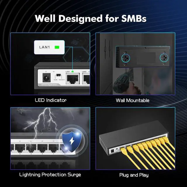 Alt view image 6 of 6 - 10 Port Gigabit Switch, 8 x 100/1000Mbps Ports, 2 Gigabit Uplink, Support Vlan, Metal Fanless Unmanaged Plug and Play YuLinca Ethernet Switch