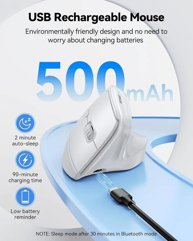 Alt view image 5 of 6 - Vertical Ergonomic Wireless Bluetooth Mouse, Silent Rechargeable Bluetooth Mouse(BT 5.0/5.0+2.4G), 5-Level 4800 DPI, 200H Long Battery Life, Compatible with Windows/Mac/Linux/Android/Chrome