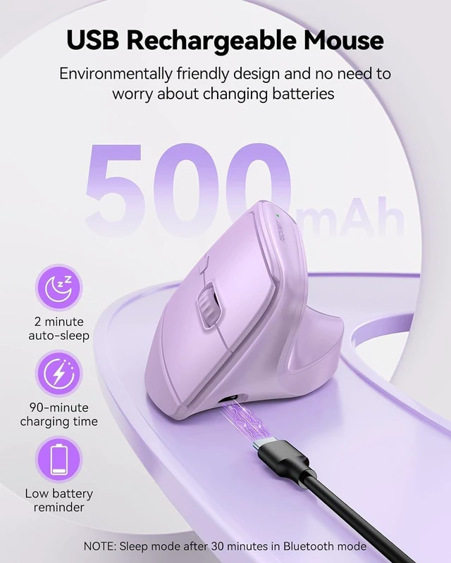 Alt view image 5 of 6 - Vertical Ergonomic Wireless Bluetooth Mouse, Silent Rechargeable Bluetooth Mouse(BT 5.0/5.0+2.4G), 5-Level 4800 DPI, 200H Long Battery Life, Compatible with Windows/Mac/Linux/Android/Chrome