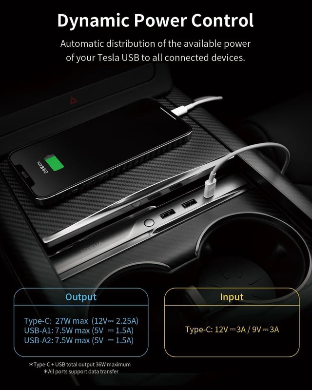 Alt view image 2 of 6 - Mini LED Hub Bar Compatible for Tesla Model S/X (2021+), 1 USB-C Port, 2 USB-A Ports