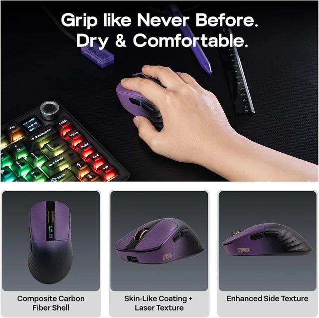 Alt view image 2 of 7 - Carbonis Wireless Gaming Mouse with Digital Display, PAW3950 Sensor, 8K Polling, 30K DPI, Carbon Fiber Composite Shell, Ergonomic Right Hand Esports Mouse for PC Gaming (Black Purple)
