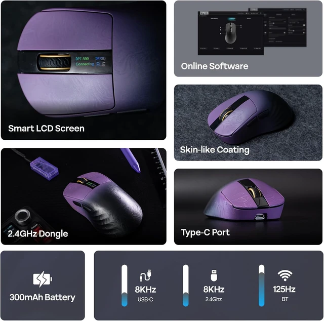Alt view image 4 of 7 - Carbonis Wireless Gaming Mouse with Digital Display, PAW3950 Sensor, 8K Polling, 30K DPI, Carbon Fiber Composite Shell, Ergonomic Right Hand Esports Mouse for PC Gaming (Black Purple)