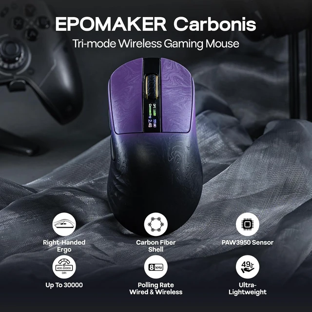 Alt view image 3 of 7 - Carbonis Wireless Gaming Mouse with Digital Display, PAW3950 Sensor, 8K Polling, 30K DPI, Carbon Fiber Composite Shell, Ergonomic Right Hand Esports Mouse for PC Gaming (Black Purple)