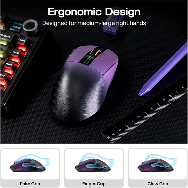 Alt view image 6 of 7 - Carbonis Wireless Gaming Mouse with Digital Display, PAW3950 Sensor, 8K Polling, 30K DPI, Carbon Fiber Composite Shell, Ergonomic Right Hand Esports Mouse for PC Gaming (Black Purple)