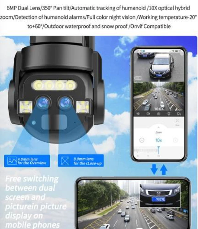 Alt view image 4 of 4 - 10X Zoom Dual-Lens Security Camera with 32GB Card 6MP (2304x1296 x2) Outdoor WiFi Surveillance, 4mm+8mm Lens, Night Vision, H.265, Care Cam PRO App, IP66 Weatherproof