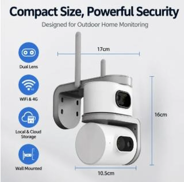 Alt view image 3 of 4 - Dual-Lens 4G Security Camera 1080P Outdoor Surveillance, Full-Color Night Vision, Dual-Screen Display, IP67 Waterproof, Two-Way Audio, Motion Alerts, 13m IR Distance, 12V Powered