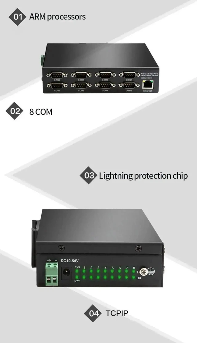 Alt view image 2 of 6 - 8 Ports RS232 RS485 RS422 to Ethernet TCP/IP Serial Device Server Modbus Gateway Converter