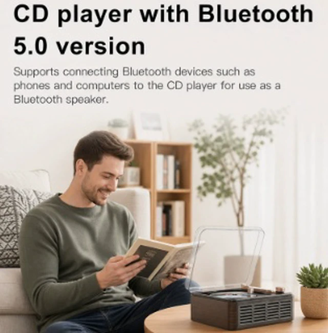 Alt view image 3 of 4 - Retro Bluetooth CD Player with Display Portable Vintage CD Boombox for Home/Travel, AUX Input, 10W Speaker, USB Powered (5V/2A), for Kids/English Learning/Prenatal Education, US Plug