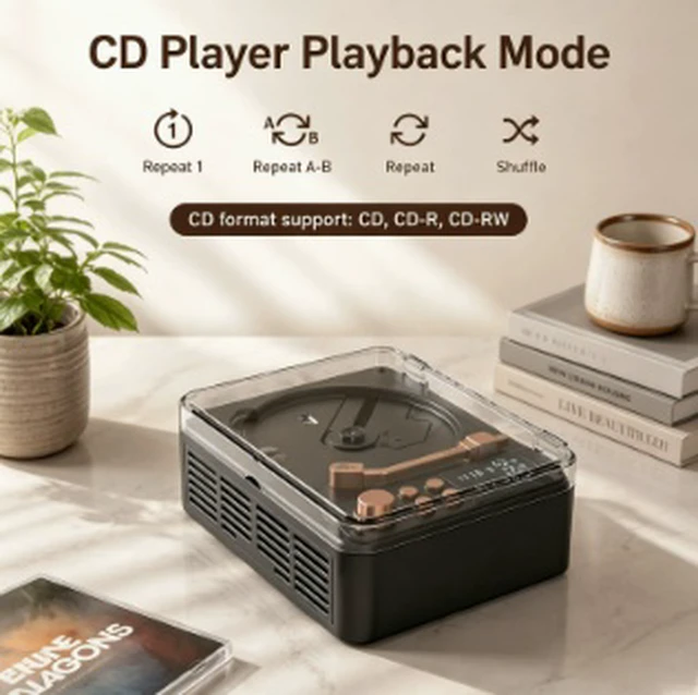 Alt view image 4 of 4 - Retro Bluetooth CD Player with Display Portable Vintage CD Boombox for Home/Travel, AUX Input, 10W Speaker, USB Powered (5V/2A), for Kids/English Learning/Prenatal Education, US Plug