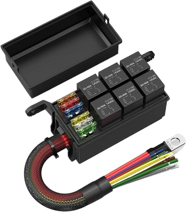 Main image of 12V Relay Box 6 Way Relay Fuse Box 12 Pre-Wired Waterproof Relay Box 6 Slot Fuse 4 Relay Block