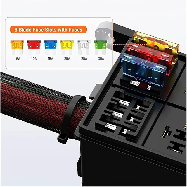 Alt view image 3 of 3 - 12V Relay Box 6 Way Relay Fuse Box 12 Pre-Wired Waterproof Relay Box 6 Slot Fuse 4 Relay Block
