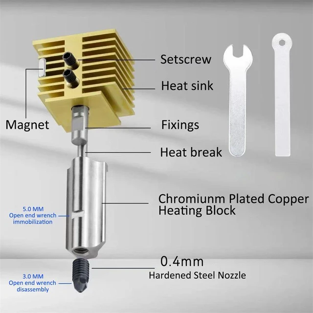 Alt view image 4 of 7 - Gold Hotend Kit with Hardened Steel Nozzle for Bambu Lab A1 and A1 Mini, High-Flow Detachable Nozzle Assembly, Integrated Heat Sink and Heating Block, 0.2mm Nozzle