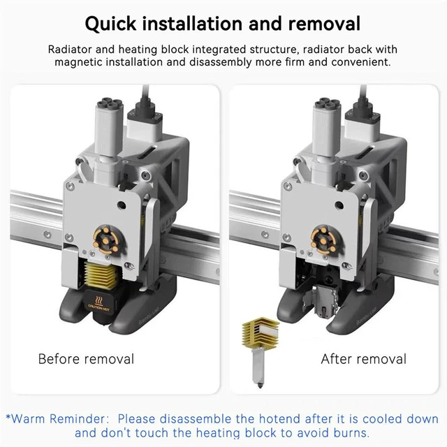 Alt view image 6 of 7 - Gold Hotend Kit with Hardened Steel Nozzle for Bambu Lab A1 and A1 Mini, High-Flow Detachable Nozzle Assembly, Integrated Heat Sink and Heating Block, 0.2mm Nozzle