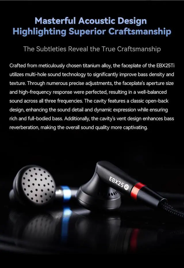 Alt view image 6 of 7 - EBX25Ti 14.2mm Beryllium HiFi Earbud 3.5mm Balanced MMCX No Mic | Titanium shell ;14.2mm beryllium driver ;3.5mm MMCX 6N OCC cable,32 high-sensitivity no-mic flat earbuds