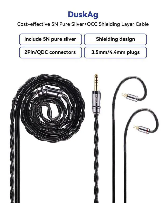 Alt view image 2 of 7 - DuskAg 5N Pure Silver IEM Cable 0.78 2Pin 4.4mm Balanced Plug | 5N pure silver & OCC shielding boosts mid-high density, wider soundstage, 1.2m cord 0.78 2Pin, 4.4mm balanced for audiophile