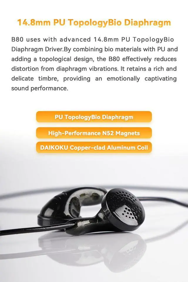 Alt view image 5 of 7 - B80 3.5mm Wired Flat Earbud,14.8mm PU Topology Bio Diaphragm,OFC Silver Plated Cord with Mic