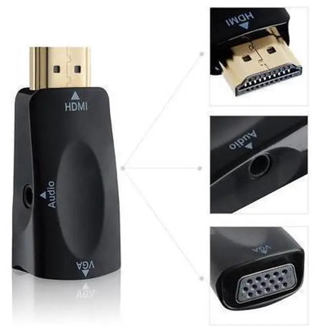 Alt view image 4 of 5 - Gold-Plated HDMI-compatible to VGA Converter Adapter w/ 3.5mm Audio Port for PC, Laptop, DVD, Desktop and other HDMI-compatible Input to VGA output Devices - Black- 1920x1080p