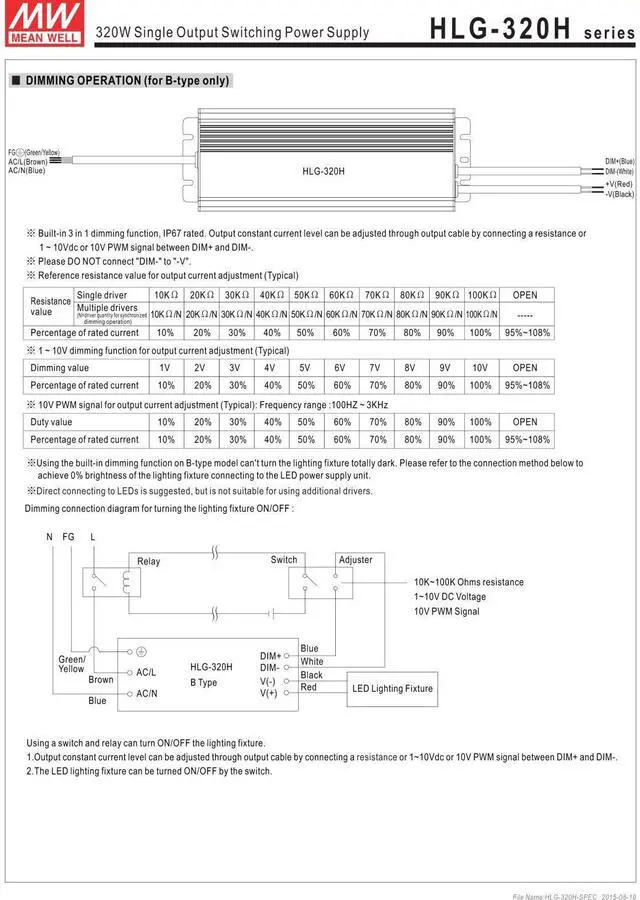 Alt view image 7 of 7 - HLG-320H-24 Power Supply, Switching, Single Output, 320 W, 24V at 13.3 A, 8.86" L x 2.67" W x 1.52" H
