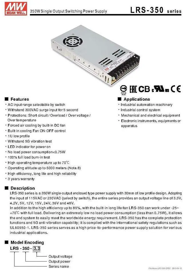 Alt view image 2 of 5 - LRS-350-24 350.4W 24V 14.6 Amp Single Output Switchable Power