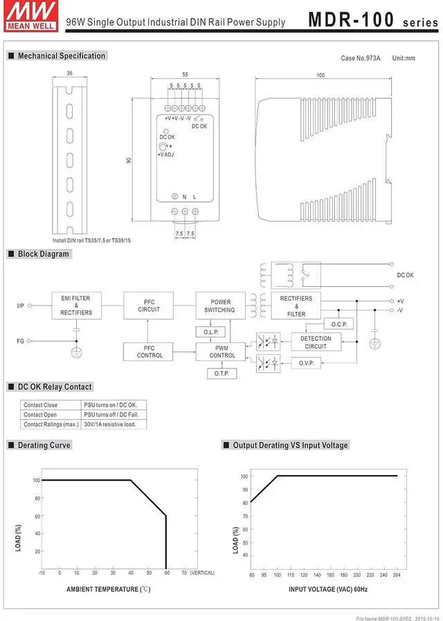 Alt view image 3 of 3 - Original MDR-100-48 Single Output Industrial DIN Rail Power Supply 48V 2A 96W