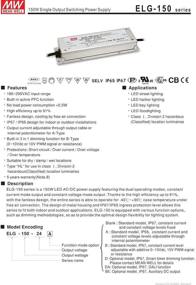 Alt view image 2 of 7 - MW Mean Well ELG-150-42B 42V 3.57A 150W Single Output Switching LED Power Supply with PFC