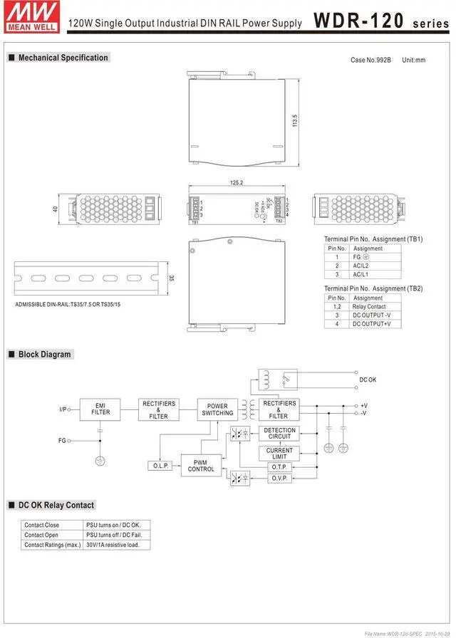 Alt view image 3 of 4 - WDR-120-24 Industrial DIN Rail Power Supply, Single Output 24VDC, 5A, 120W