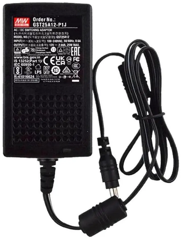 Main image of GST25A12-P1J Desktop AC Adapter, 25W 12V 2.08A, DC P1J Barrel Plug, 2.1mm I.D. x 5.5mm O.D. x 11mm Center Positive Female, 3 Pole AC Inlet IEC320-C14, Input: 85~264VAC, Level VI