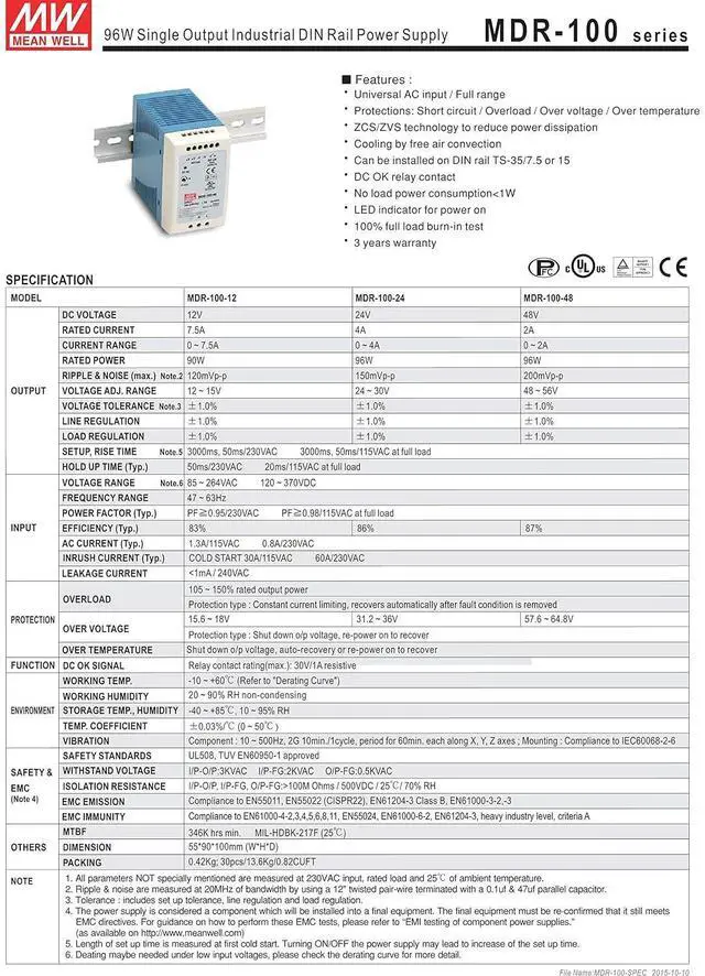 Alt view image 2 of 3 - Original MDR-100-48 Single Output Industrial DIN Rail Power Supply 48V 2A 96W