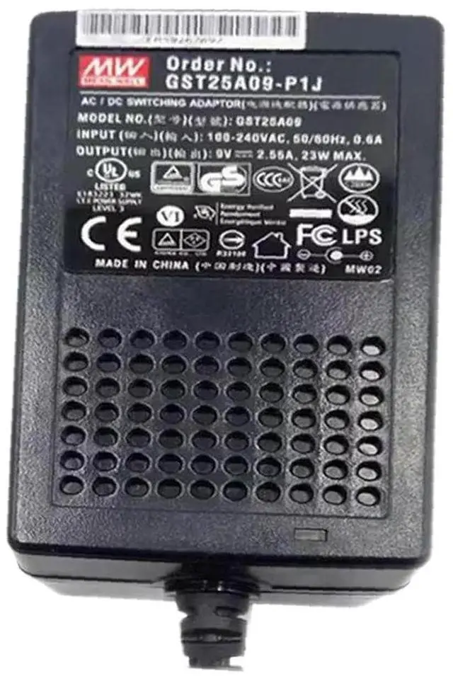 Main image of GST25A09-P1J Desktop AC Adapter, 23W 9V 2.55A, DC P1J Barrel Plug, 2.1mm I.D. x 5.5mm O.D. x 11mm Center Positive Female, 3 Pole AC Inlet IEC320-C14, Input: 85~264VAC, Level VI