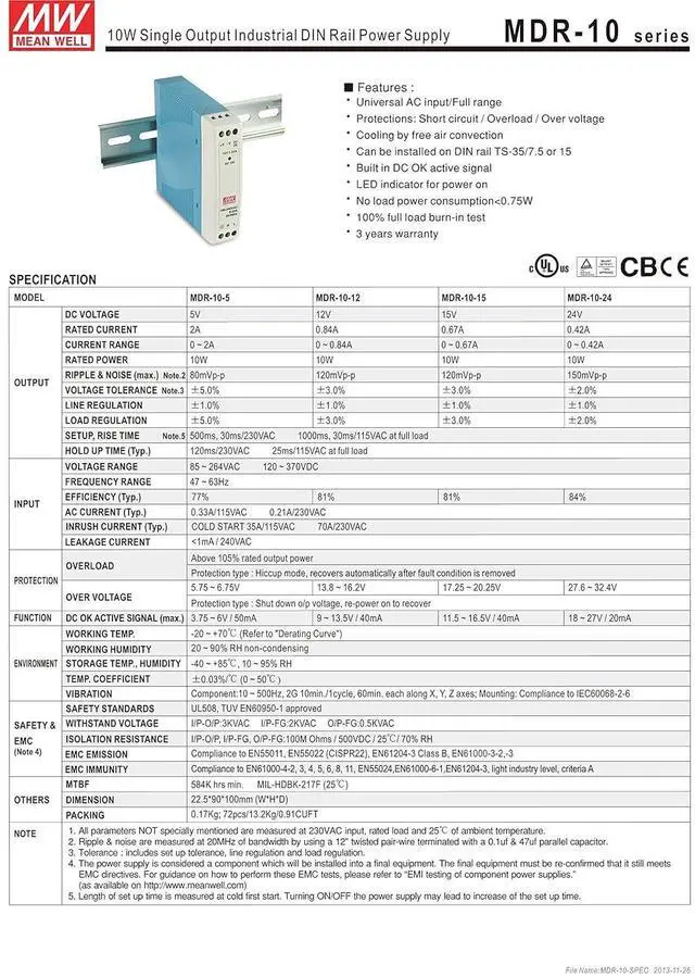 Alt view image 2 of 3 - MW Mean Well MDR-10-12 12V 0.84A 10W Single Output Industrial DIN Rail Power Supply