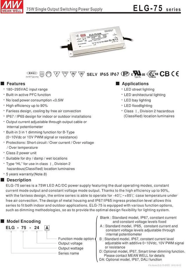 Alt view image 2 of 7 - MW Mean Well ELG-75-48B 48V 1.6A 76.8W Single Output Switching LED Power Supply with PFC
