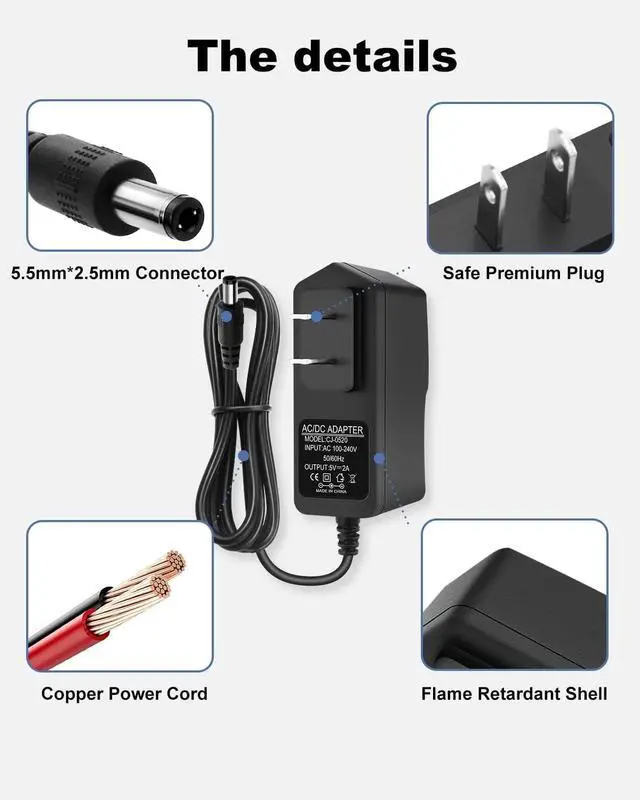 Alt view image 4 of 4 - 5V 2A Power Supply Adapter 10W AC Adapter 100-240V 50-60Hz AC to DC Power Cord 5 Volt 2Amp Power Adapter Transformer, 5.5mm X 2.5mm DC Outlet Plug