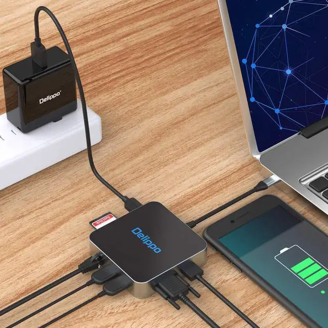 Alt view image 3 of 7 - USB C Hub Docking Solution,Delippo 8 in 1 with Charger dongles Gigabit Ethernet Port, PD Type C Charging,4K HDMI,1080 VGA, SD TF Card Reader, 2 USB A Ports