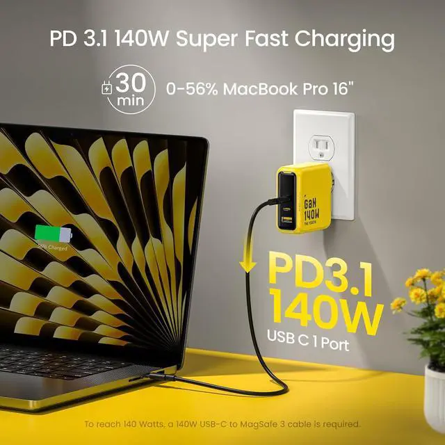 Alt view image 2 of 7 - Youth 140W GaN+ USB C Charger 100W Laptop Fast Charger PD3.1 PPS 3-Port USB C Wall Charger Power Adapter for MacBook Pro 16'', Dell XPS, iPhone 17 Pro Max, iPad Pro, Tablet, Chromebook, Yellow