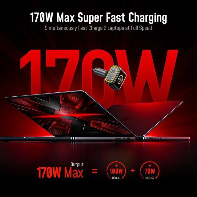 Alt view image 4 of 7 - SUPERAUTO 170W Car Charger with TFT Smart Display, 140W PD 3.1 USB C Fast Charging Car Adapter, Compatible with MacBook Pro, Laptops, iPhone 17 Pro Max, Galaxy S25 Ultra