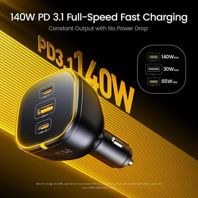 Alt view image 2 of 7 - 165W Laptop Car Charger Adapter 140W USB C Car Lighter Charger +USB 4 2.0 Cable 3.3FT with up to 120Gbps Bandwidth Boost Dual 8K/4K Display 240W PD 3.1 Fast Charging