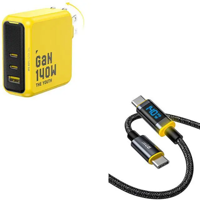 Main image of Youth 140W GaN+ Charger 100W Laptop Fast Charger +140W USB C to USB C Cable with Display,Nylon 4ft