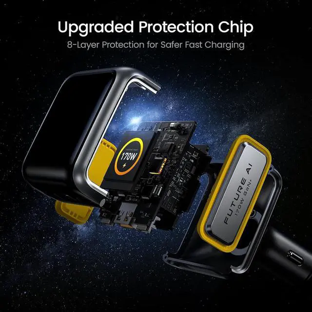 Alt view image 7 of 7 - 170W Car Charger with Smart LED Display 140W PD 3.1 USB C Fast Charging Car Adapter with AOHI 140W USB C Cable PD 3.1 Type C Fast Charging Cable