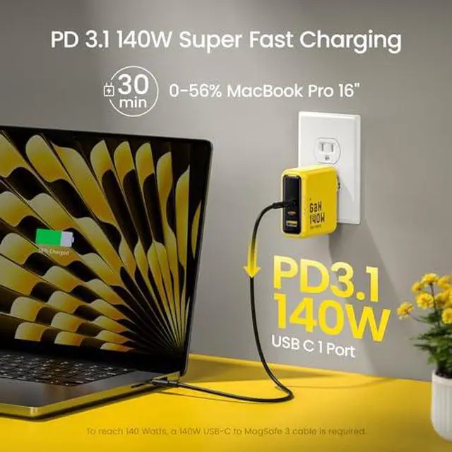 Alt view image 2 of 7 - Youth 140W GaN+ USB C Charger 100W Laptop Fast Charger PD3.1 PPS 3-Port USB C Wall Charger Power Adapter +USB 4 2.0 Cable 6.6FT with up to 120Gbps Bandwidth Boost Dual 8K/4K Display 240W PD 3.1 F