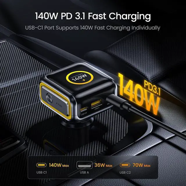 Alt view image 2 of 7 - SUPERAUTO 170W Car Charger with Smart LED Display, 140W PD 3.1 USB C Fast Charging Car Adapter with 80Gb/s USB4 2.0 Cable 3.3FT with up to 120Gbps Bandwidth Boost Dual 8K/4K Display 240W PD 3.1 F
