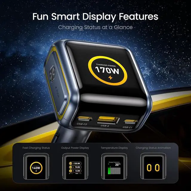 Alt view image 7 of 7 - SUPERAUTO 170W Car Charger with Smart LED Display, 140W PD 3.1 USB C Fast Charging Car Adapter with 80Gb/s USB4 2.0 Cable 3.3FT with up to 120Gbps Bandwidth Boost Dual 8K/4K Display 240W PD 3.1 F